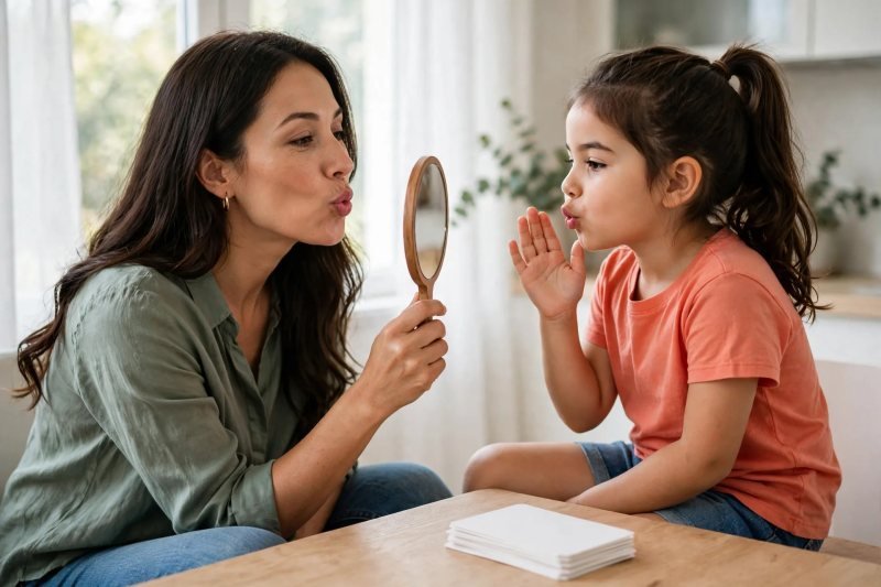 Mother and daughter make matching rounded ch mouth shapes with a hand mirror