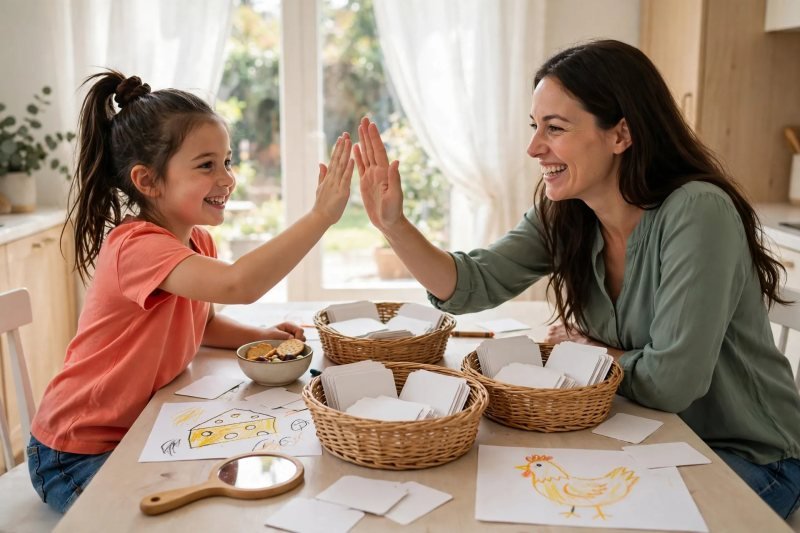 Mother and daughter high-five over the table covered in session materials
