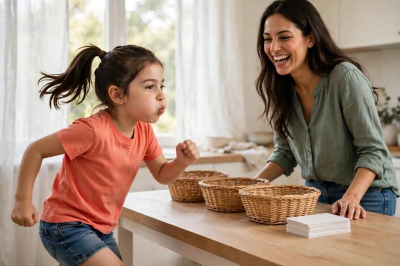 Girl chugs like a choo-choo train past the table while her mother laughs
