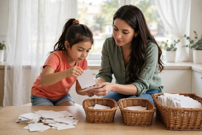 Girl sorts blank word cards into three baskets as her mother guides her hand