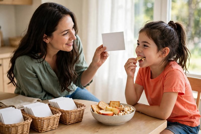 Mother holds up a blank word card while her daughter crunches a cracker