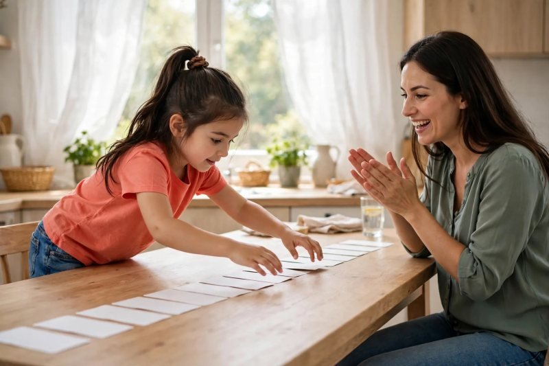 Girl lines up blank word cards in a row while her mother claps