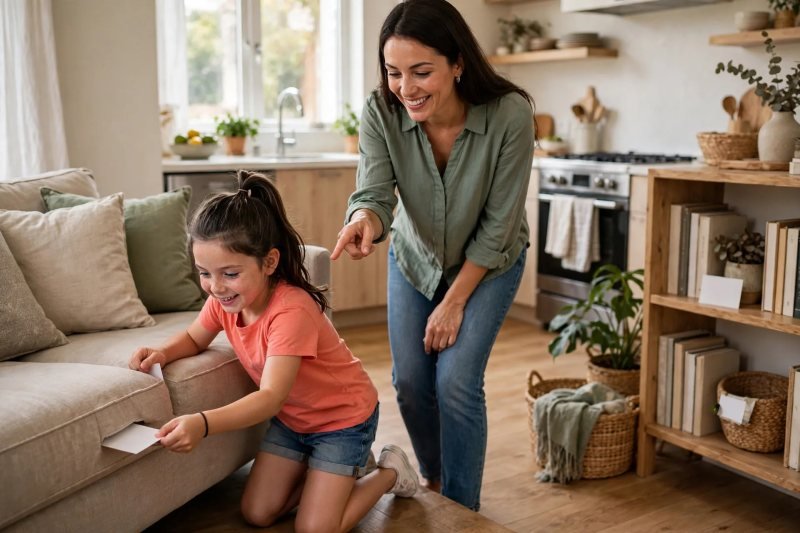 Girl finds a hidden blank word card behind the couch on a treasure hunt