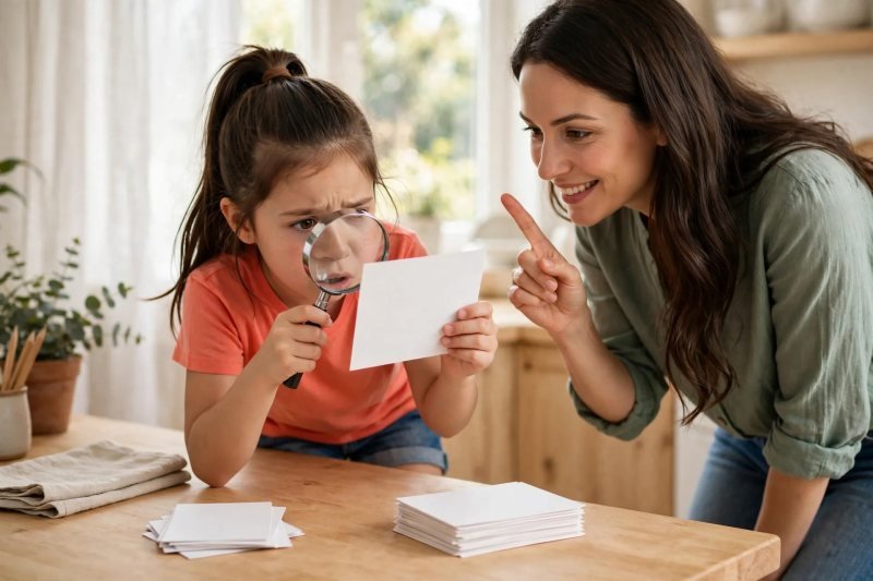 Girl inspects a blank word card with a magnifying glass during the detective round
