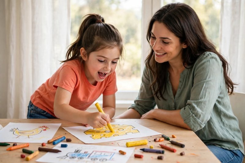 Girl draws a big cheese wedge with a crayon while saying the word aloud