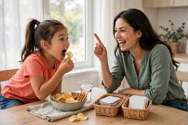 Girl dramatically chomps a chip for charades as her mother guesses