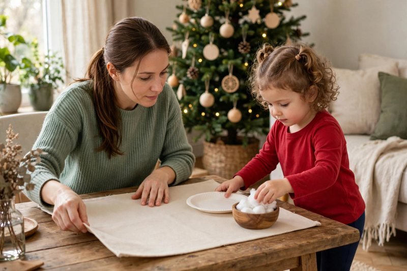 A mother sets out paper plates and cotton balls on a covered craft table.