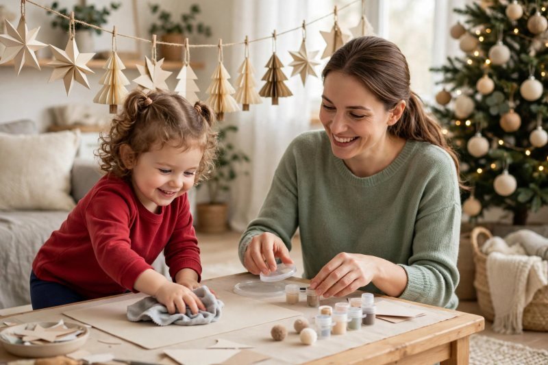 A mother and daughter tidy the craft table and cheer at their display.