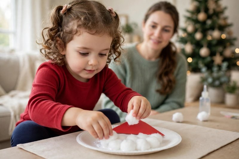 A young girl glues fluffy cotton balls onto a paper plate Santa beard.