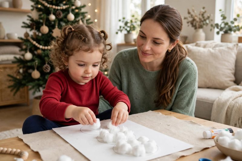 A young girl sticks cotton balls inside circles to build a snowman picture.