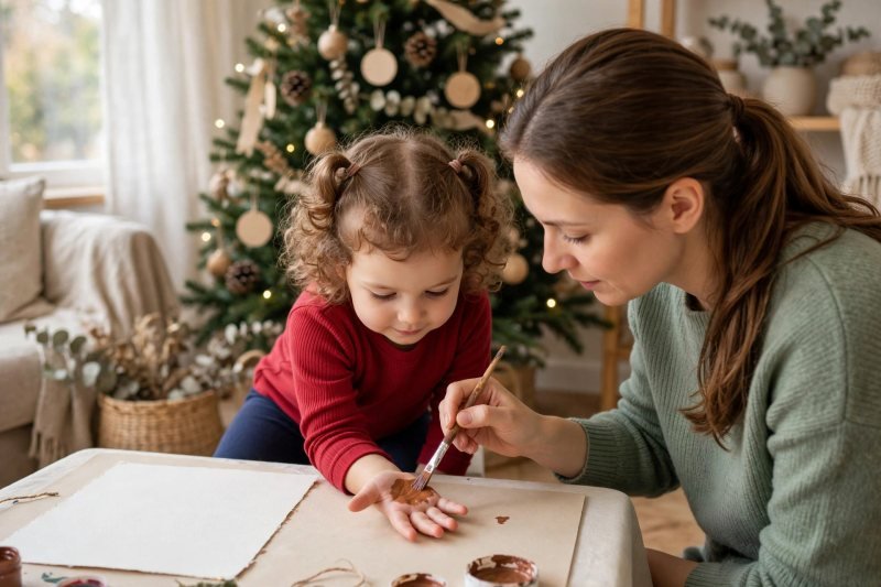 A mother brushes brown paint onto her daughter's palm for a handprint reindeer.