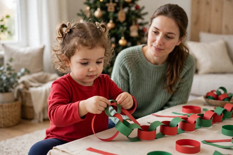A young girl threads paper strips together to build a colorful garland chain.