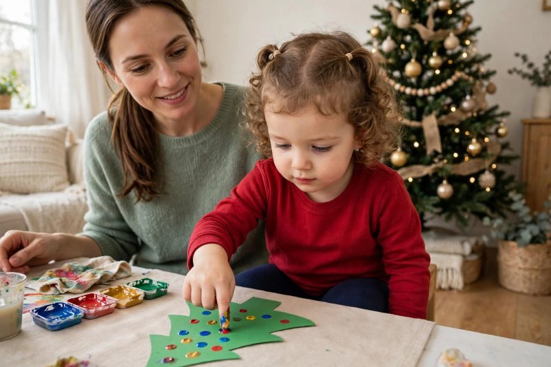 A young girl presses painted fingertips inside a tree shape to add lights.
