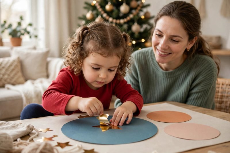 A young girl peels stickers to decorate large round paper ornaments.
