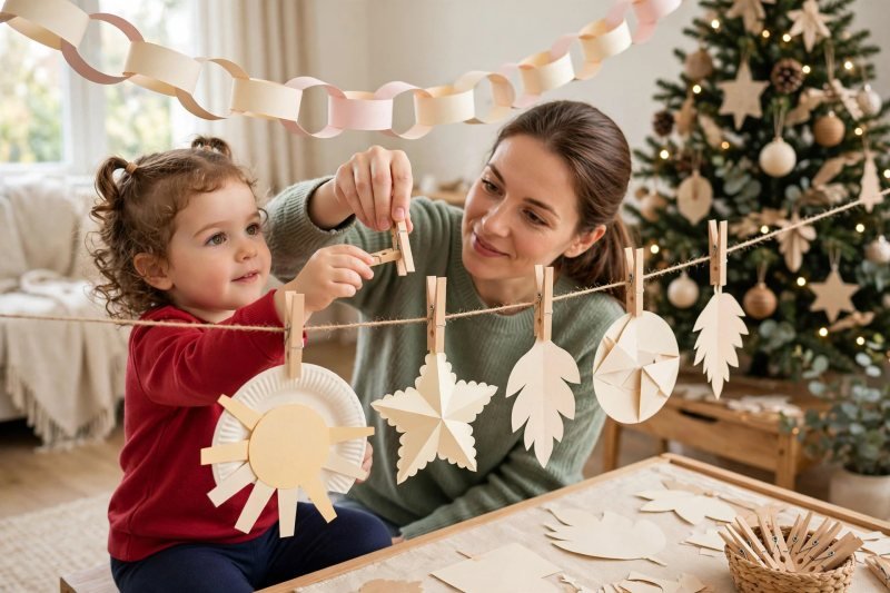 A mother and daughter hang finished Christmas crafts along a display string together.
