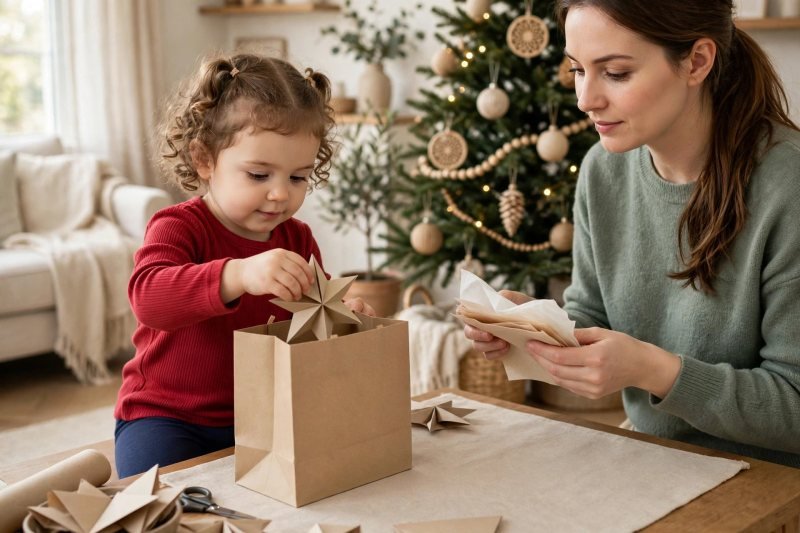 A young girl places a finished craft into a gift bag with tissue.