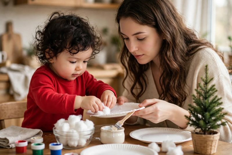 Toddler gluing cotton balls onto a paper plate Santa beard