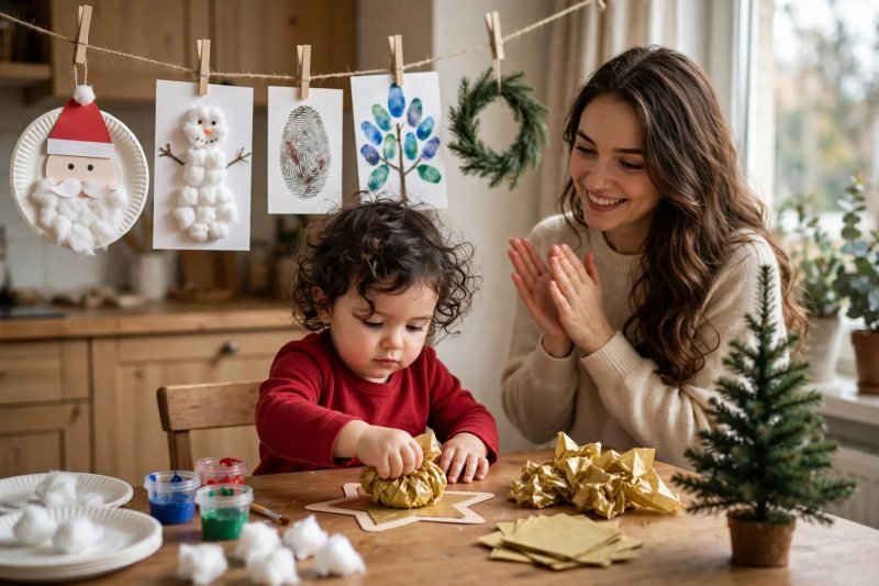Toddler scrunching gold tissue onto star beneath gallery string