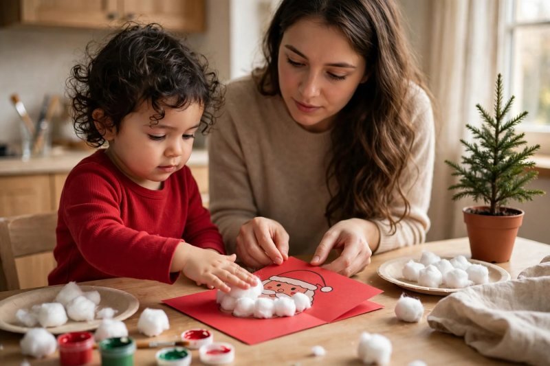 Toddler patting cotton balls onto a Santa card beard