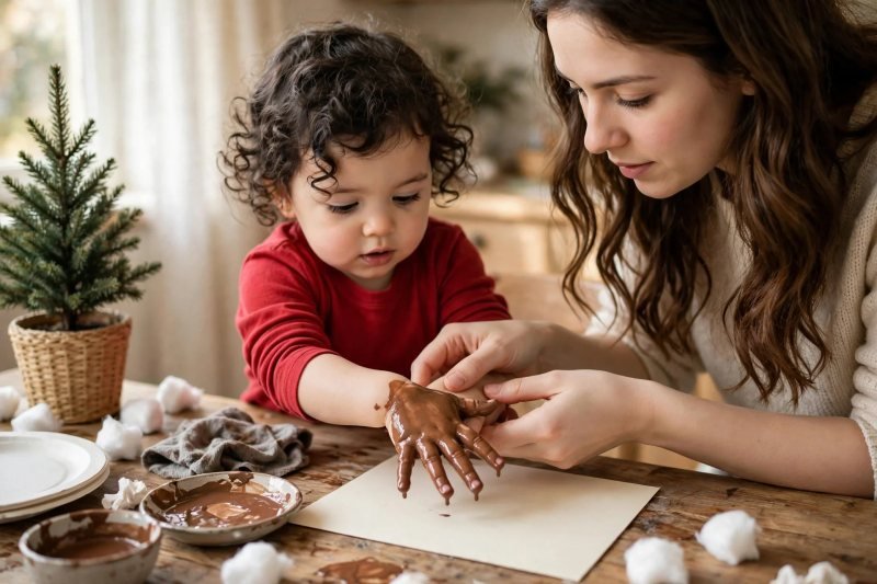 Mother guiding toddler's brown-painted hand toward card for reindeer print