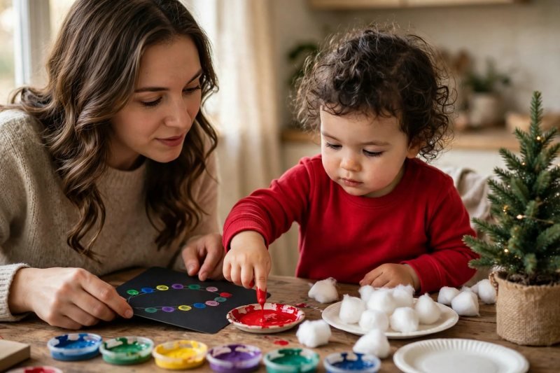 Toddler dipping fingertip in red paint beside dotted card