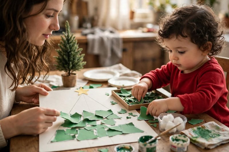 Toddler sticking torn green paper pieces inside triangle tree