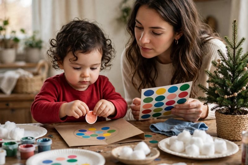 Toddler placing a dot sticker on an ornament card outline
