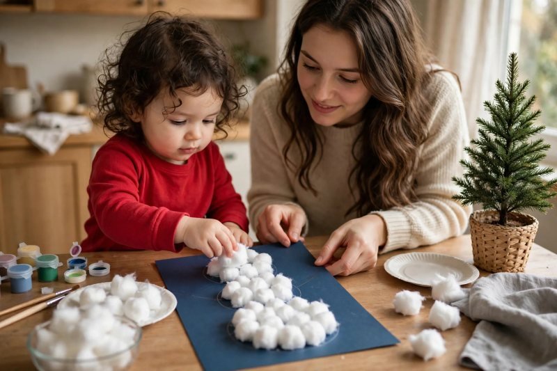 Toddler pressing cotton balls into snowman circles on card