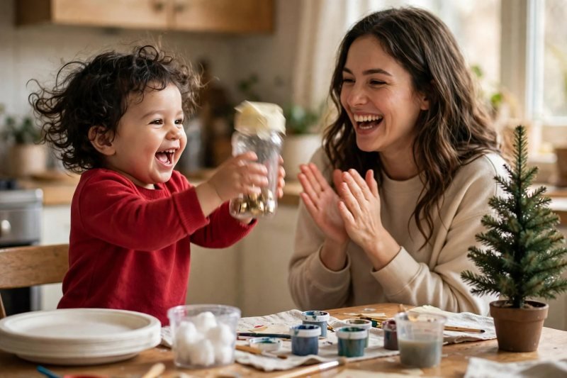 Toddler shaking a sealed jingle bottle while mother claps