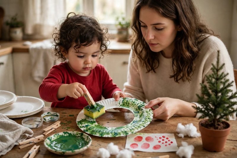 Toddler dabbing green paint onto a paper plate wreath