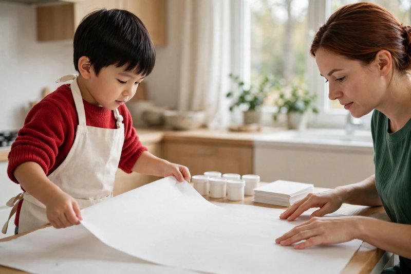 A boy in an apron helps his mother spread a blank protective sheet.