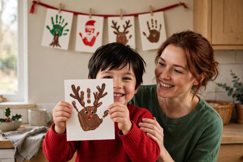A boy proudly holds his reindeer card before a ribbon of handprint cards.