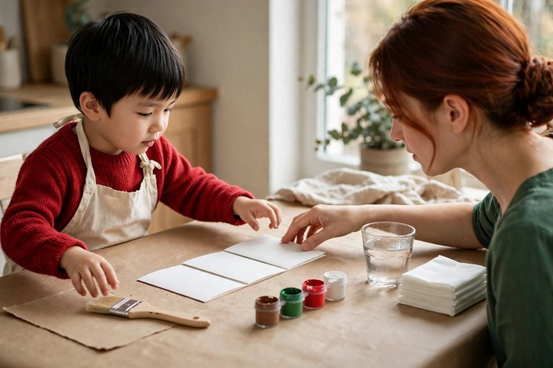 Cards, paint pots, a brush, water, and wipes line up in reach order.