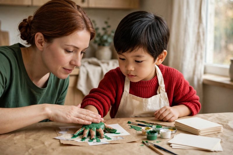 A mother presses over her son's green-painted hand for a practice print.