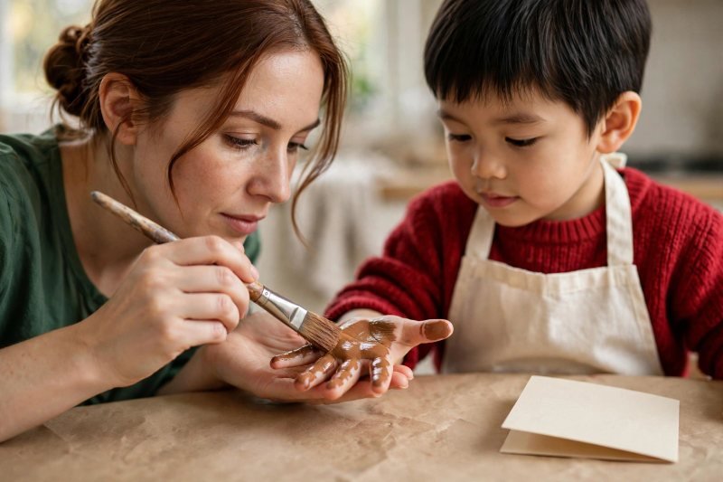 A mother brushes an even coat of brown paint onto her son's palm.