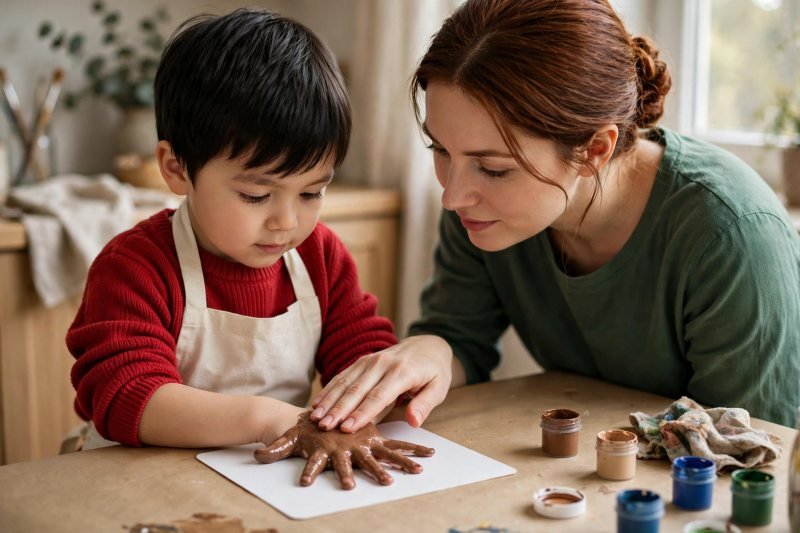 A boy presses his brown-painted hand onto a card, fingers spread wide.