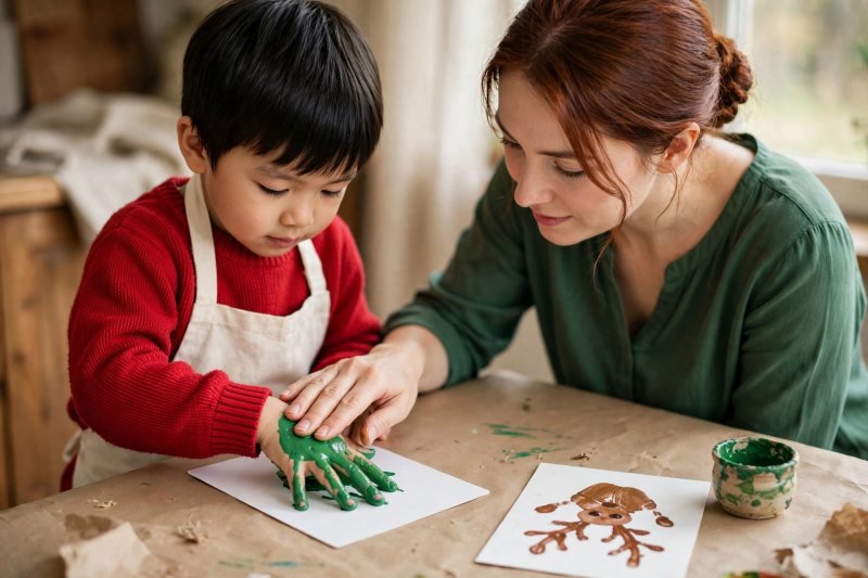 A boy presses his green hand down, fingers together, beside the reindeer card.