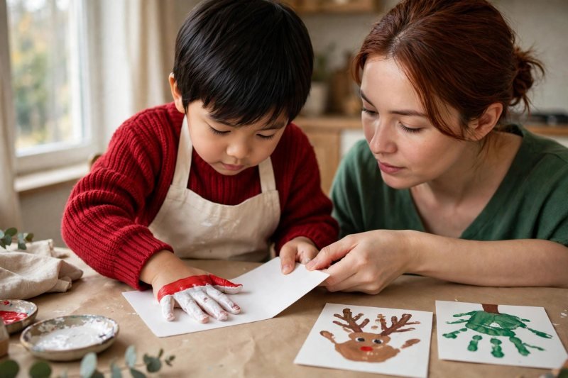 A boy presses white fingers and a red palm band upside-down onto card.