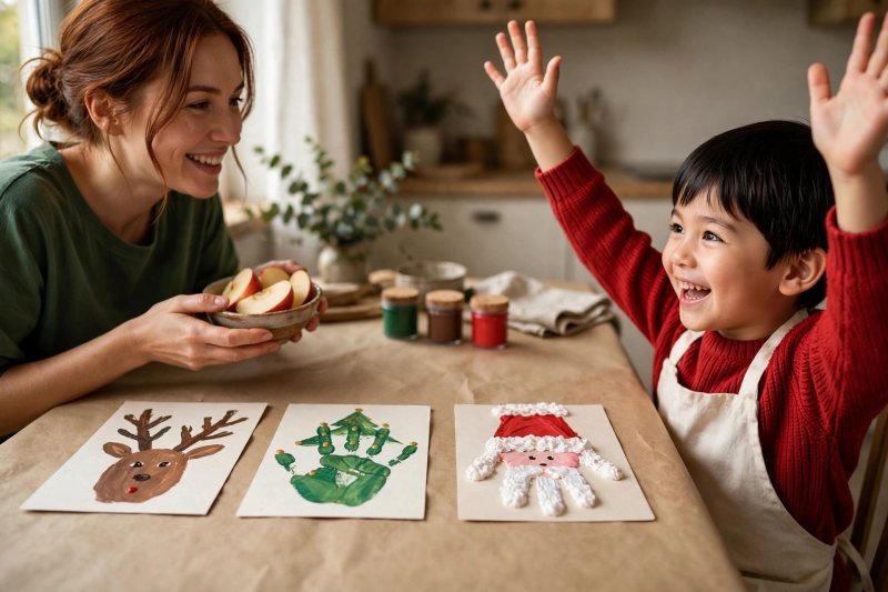 Three handprint cards dry in a row while a boy raises clean hands.