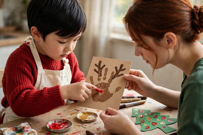 A boy stamps a red fingerprint nose onto his handprint reindeer card.