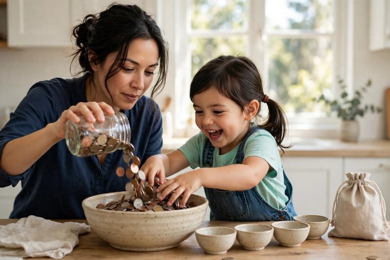 Mother pours coins into a big bowl while her daughter digs in delightedly