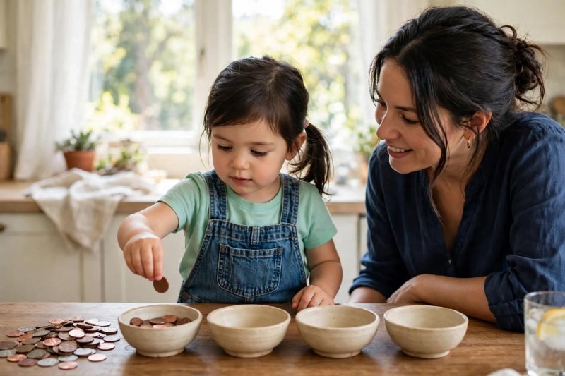 Little girl drops a brown penny into the first of four sorting bowls