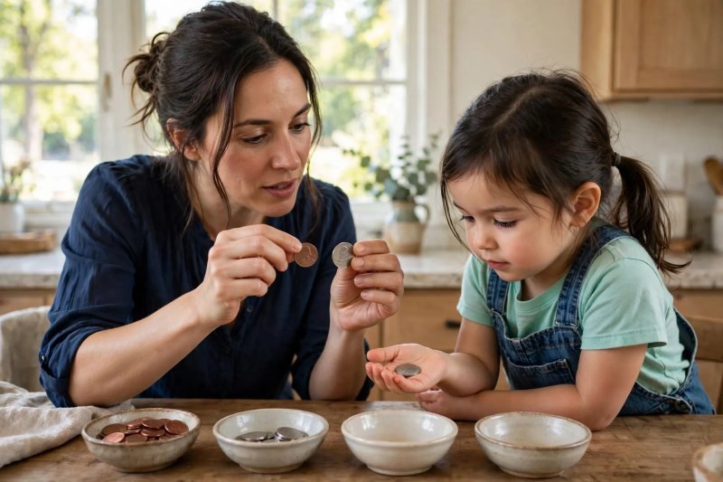 Mother compares a penny and nickel while her daughter studies one in her palm