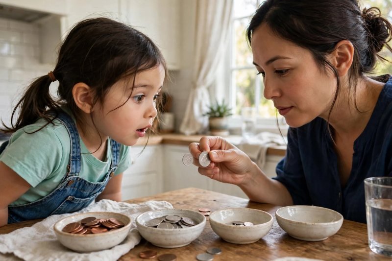 Girl leans in close as her mother holds a tiny dime beside a nickel
