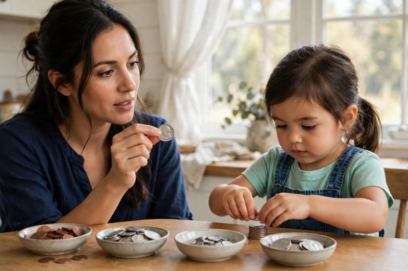 Daughter stacks large quarters while her mother holds one up beside her