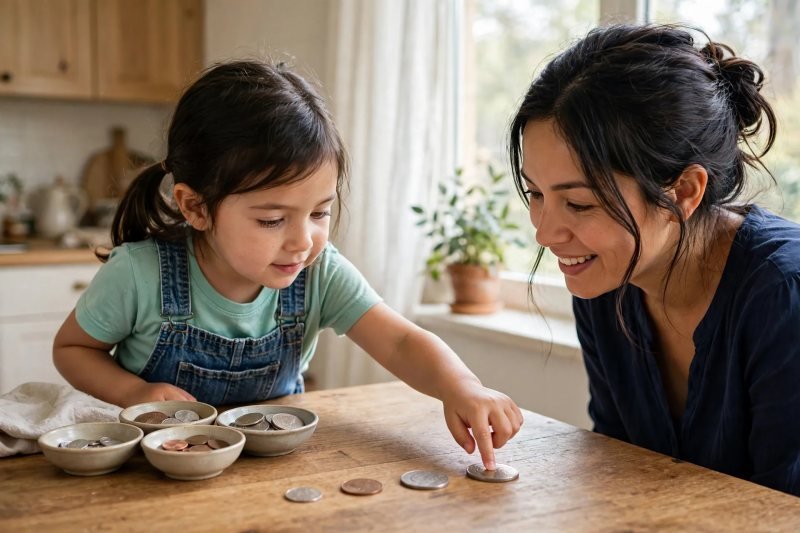 Child traces a fingertip down the row of four coins by size