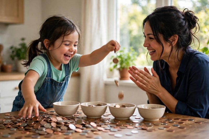 Giggling girl drops coins into bowls as her mother claps the race