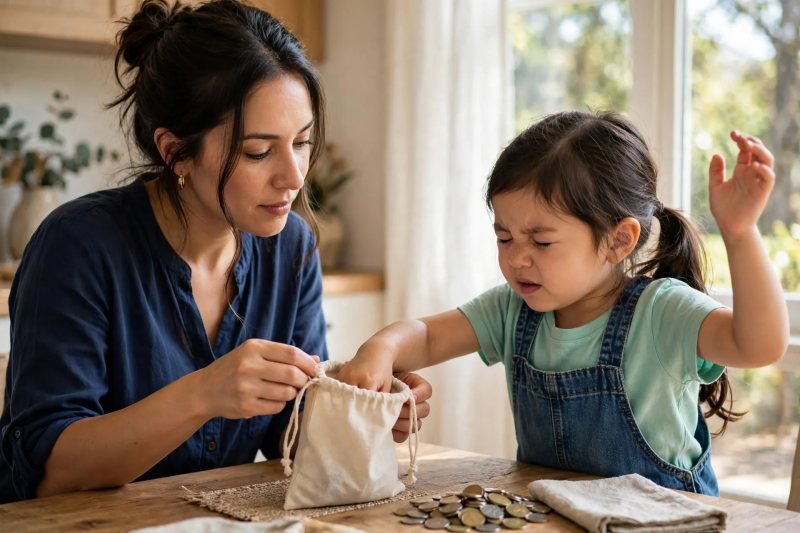 Girl reaches into the drawstring pouch with eyes squeezed shut feeling coins