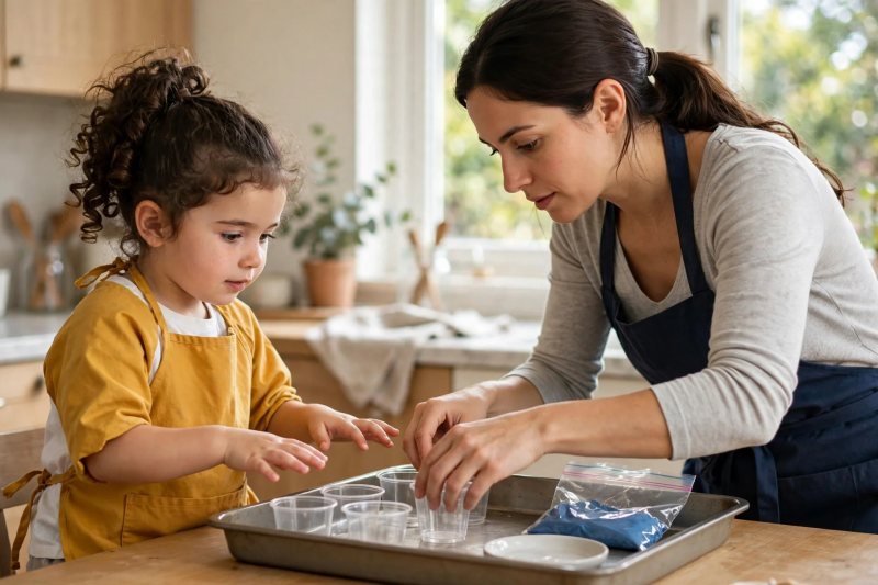 Mother placing cups and a paint bag inside a rimmed tray while a preschooler watches