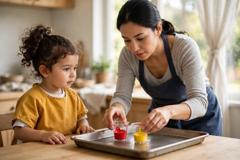 Mother setting red and yellow paint cups on the tray as a preschooler watches closely